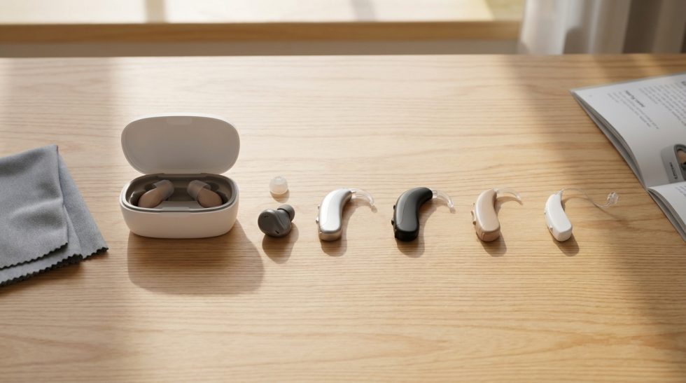 Man comparing hearing aid options at his kitchen table