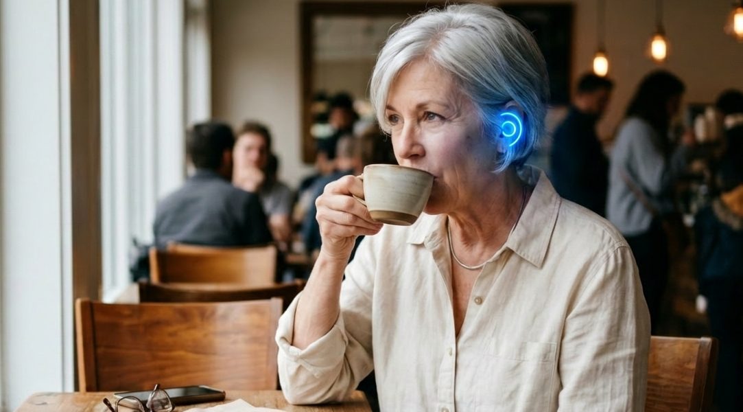 Older man adjusting a small in-canal hearing device